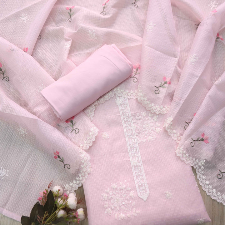 Iftaari Soft Baby Floral Thread Embroidered Kota Doriya suit Set
