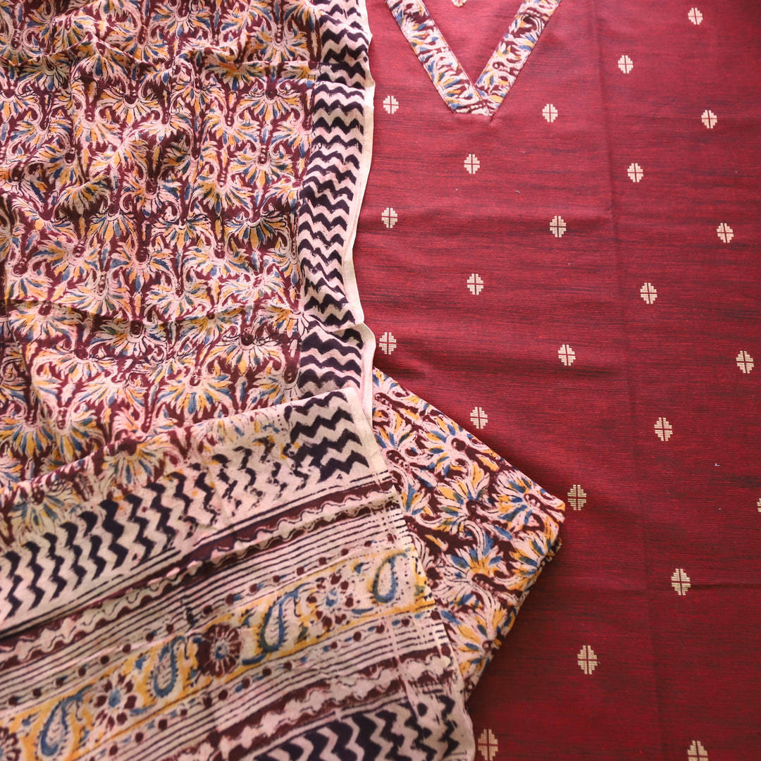 Bahara Mahogany Maroon Kalamkari V Neck Patch Thread Weaved Cotton Suit Set