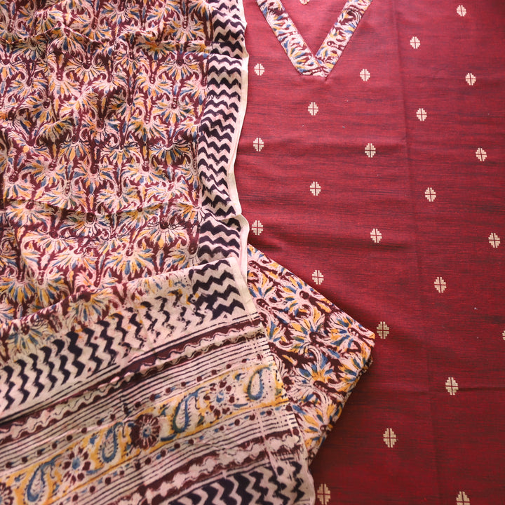 Bahara Mahogany Maroon Kalamkari V Neck Patch Thread Weaved Cotton Suit Set