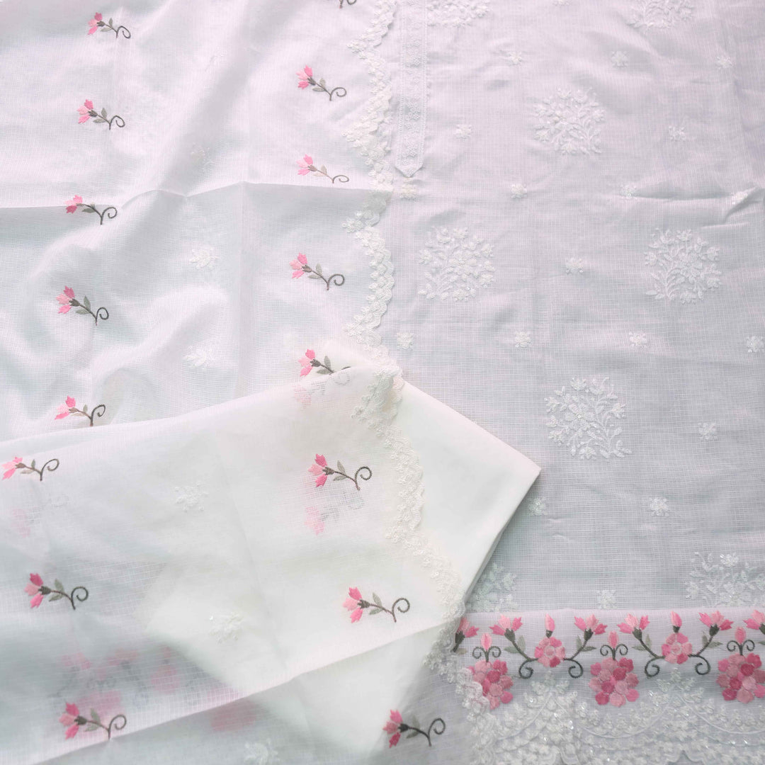 Iftaari Pearl White Floral Thread Embroidered Kota Doriya suit Set
