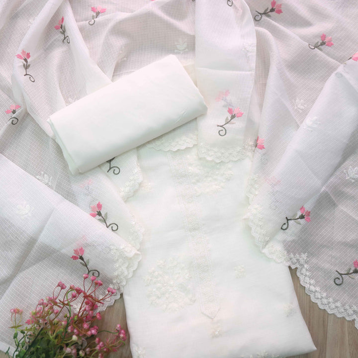 Iftaari Pearl White Floral Thread Embroidered Kota Doriya suit Set