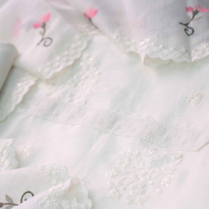 Iftaari Pearl White Floral Thread Embroidered Kota Doriya suit Set