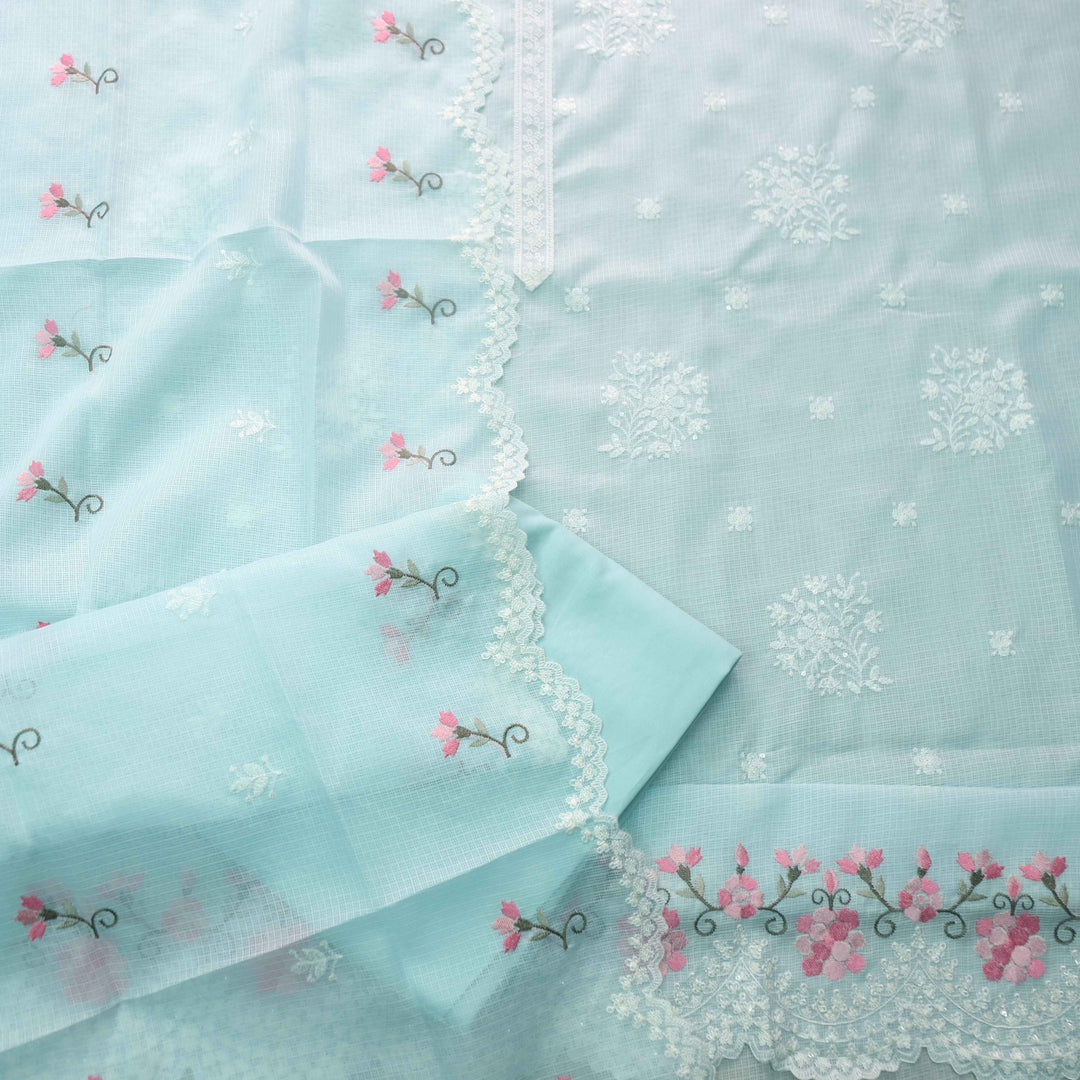 Iftaari Baby Blue Floral Thread Embroidered Kota Doriya suit Set