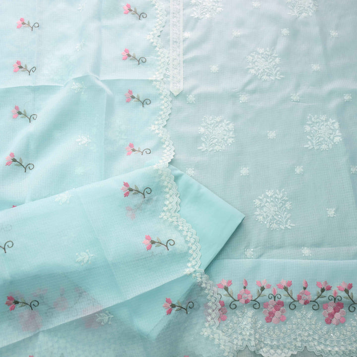 Iftaari Baby Blue Floral Thread Embroidered Kota Doriya suit Set