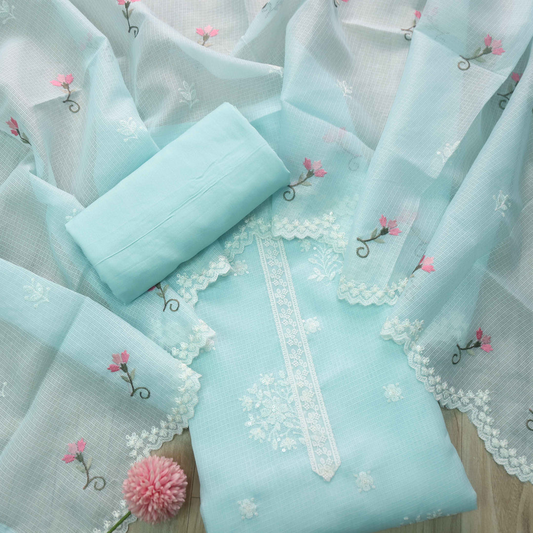 Iftaari Baby Blue Floral Thread Embroidered Kota Doriya suit Set