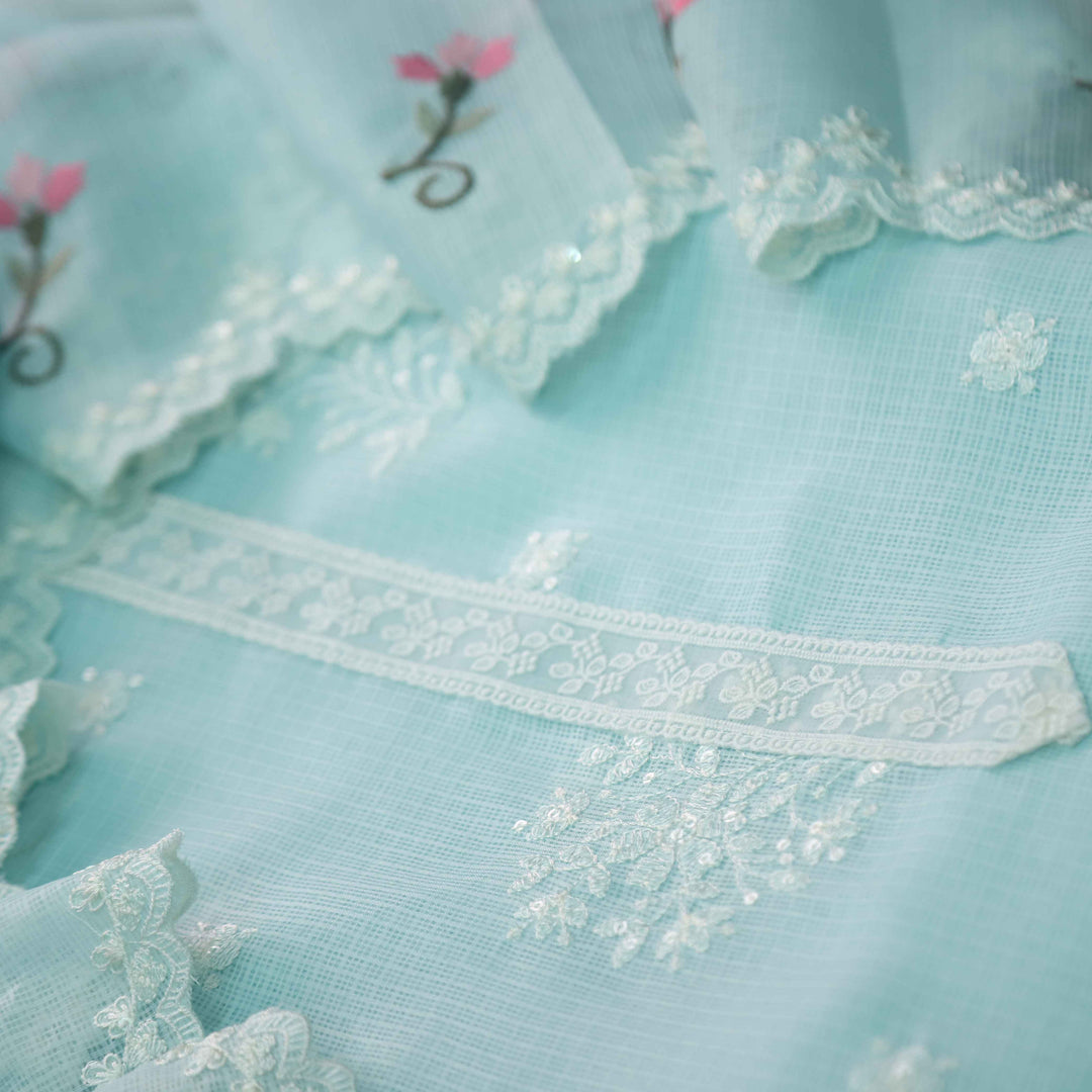 Iftaari Baby Blue Floral Thread Embroidered Kota Doriya suit Set