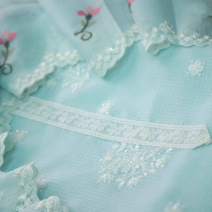 Iftaari Baby Blue Floral Thread Embroidered Kota Doriya suit Set