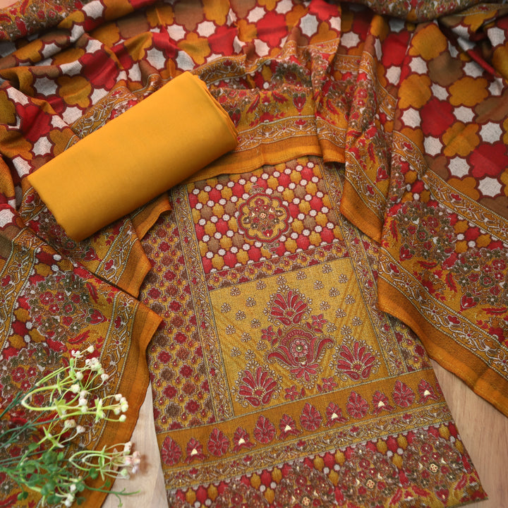 रत्ना Bright Yellow in Panel Style Elegant Digital Printed Semi Pashmina Winter Set