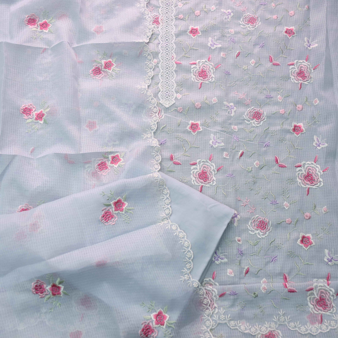 Fitoor Light Grey Lace Patch with Floral Thread Embroidered Kota Doriya suit Set