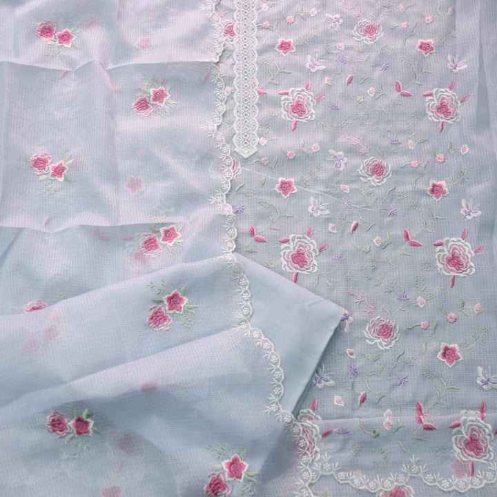 Fitoor Light Grey Lace Patch with Floral Thread Embroidered Kota Doriya suit Set