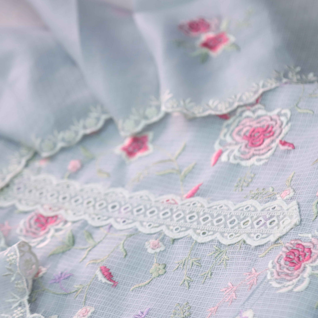 Fitoor Light Grey Lace Patch with Floral Thread Embroidered Kota Doriya suit Set