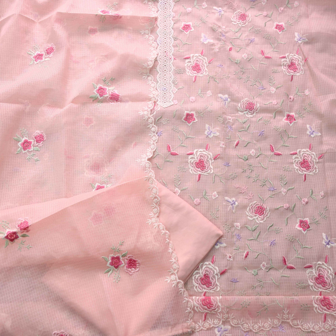 Fitoor Peach Lace Patch with Floral Thread Embroidered Kota Doriya suit Set