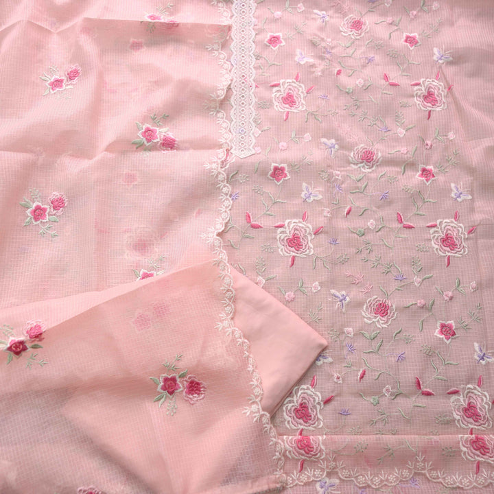 Fitoor Peach Lace Patch with Floral Thread Embroidered Kota Doriya suit Set
