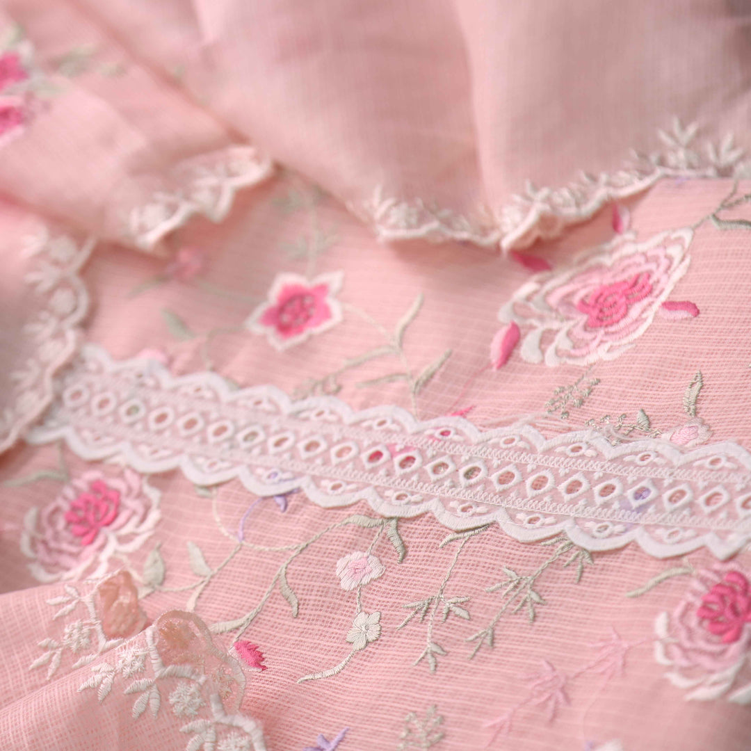 Fitoor Peach Lace Patch with Floral Thread Embroidered Kota Doriya suit Set