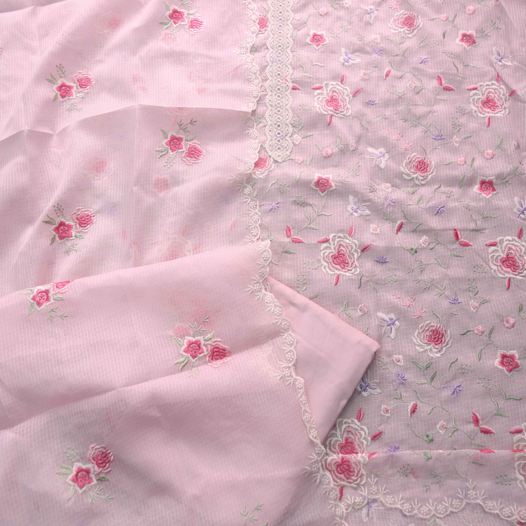Fitoor Soft Pink Lace Patch with Floral Thread Embroidered Kota Doriya suit Set