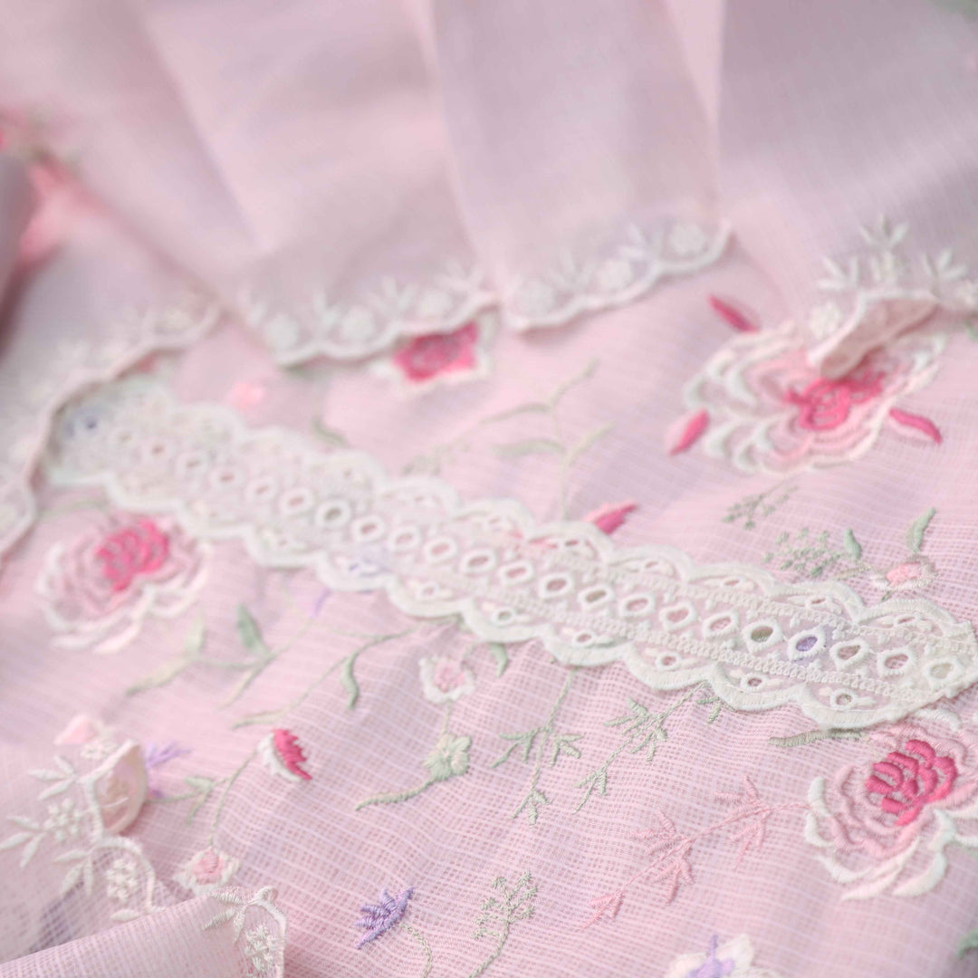 Fitoor Soft Pink Lace Patch with Floral Thread Embroidered Kota Doriya suit Set