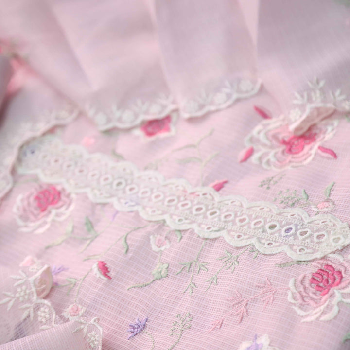 Fitoor Soft Pink Lace Patch with Floral Thread Embroidered Kota Doriya suit Set
