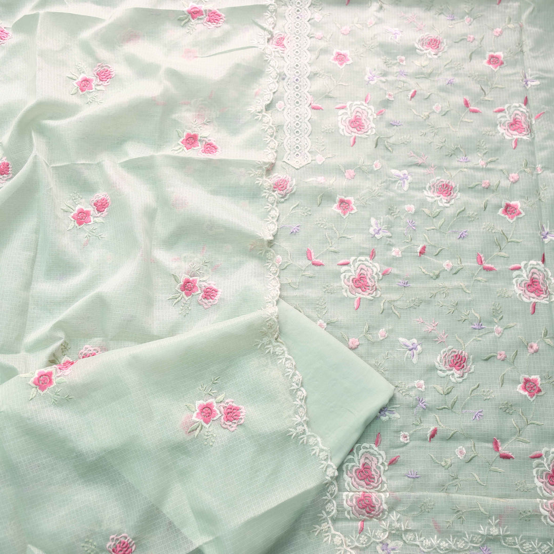 Fitoor Mint Green Lace Patch with Floral Thread Embroidered Kota Doriya suit Set