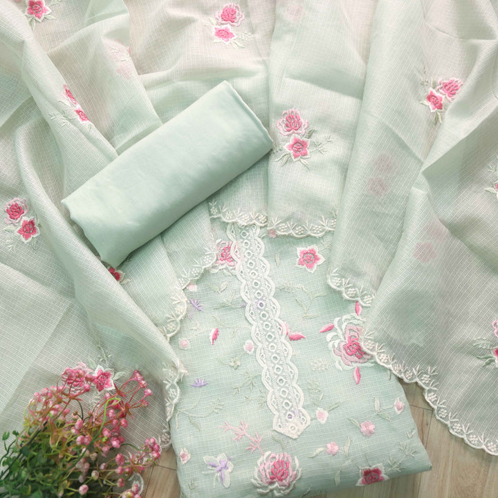 Fitoor Mint Green Lace Patch with Floral Thread Embroidered Kota Doriya suit Set