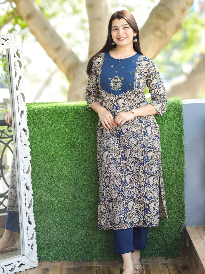 Sajni Denim Blue Floral Thread Work Yoke with Kalamkari Printed Cotton 2 PIece Set