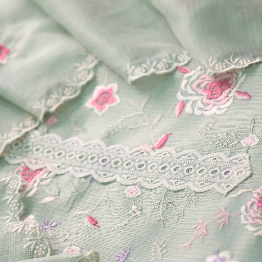 Fitoor Mint Green Lace Patch with Floral Thread Embroidered Kota Doriya suit Set