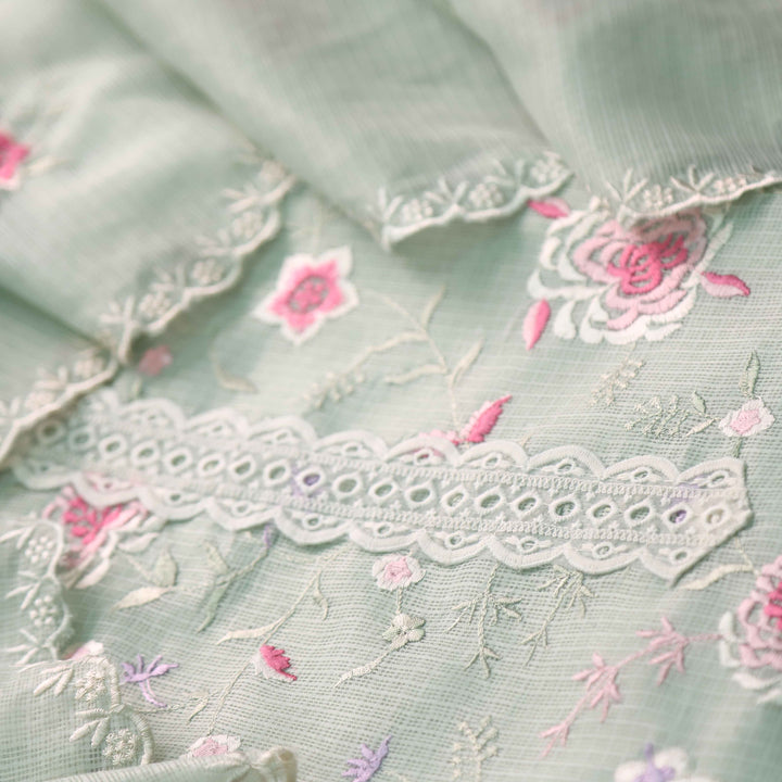 Fitoor Mint Green Lace Patch with Floral Thread Embroidered Kota Doriya suit Set