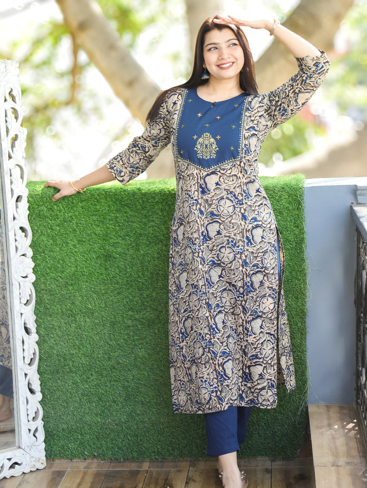 Sajni Denim Blue Floral Thread Work Yoke with Kalamkari Printed Cotton 2 PIece Set