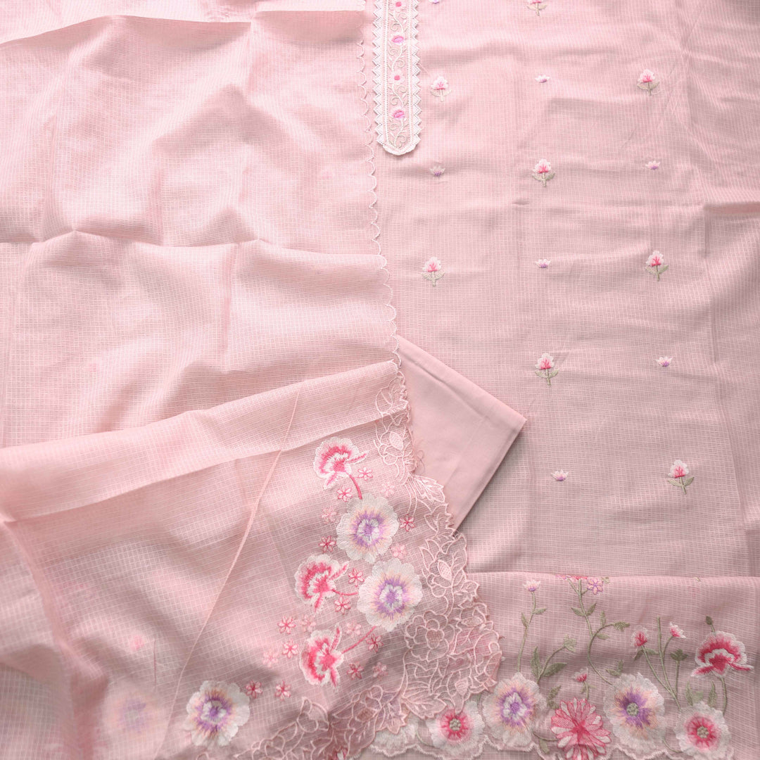 Mahi Peach Orange Floral Thread Embroidered Kota Doriya suit Set