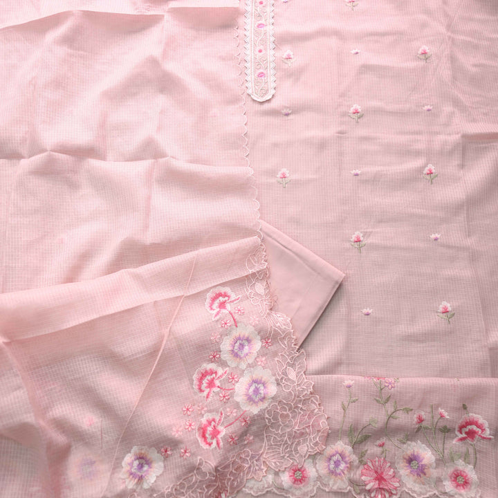 Mahi Peach Orange Floral Thread Embroidered Kota Doriya suit Set