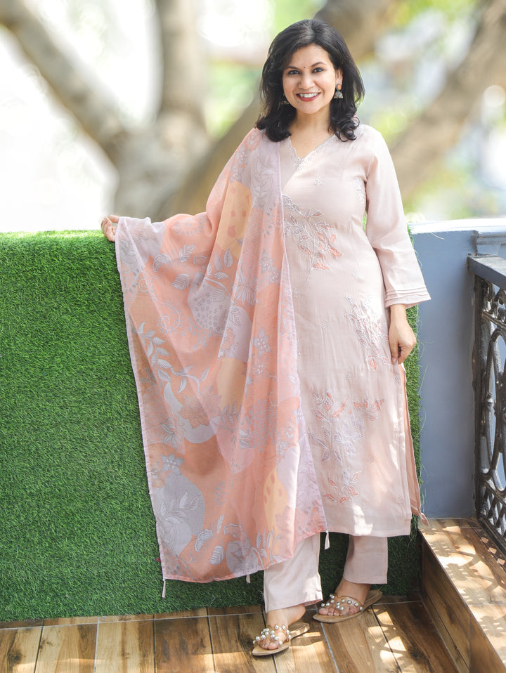 Rushali Tan Beige V Neck Muslin 3 Piece Set