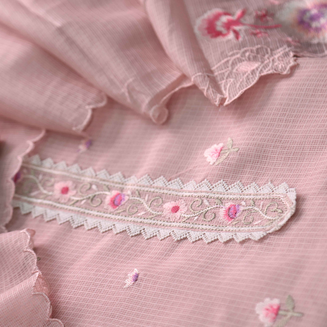 Mahi Peach Orange Floral Thread Embroidered Kota Doriya suit Set