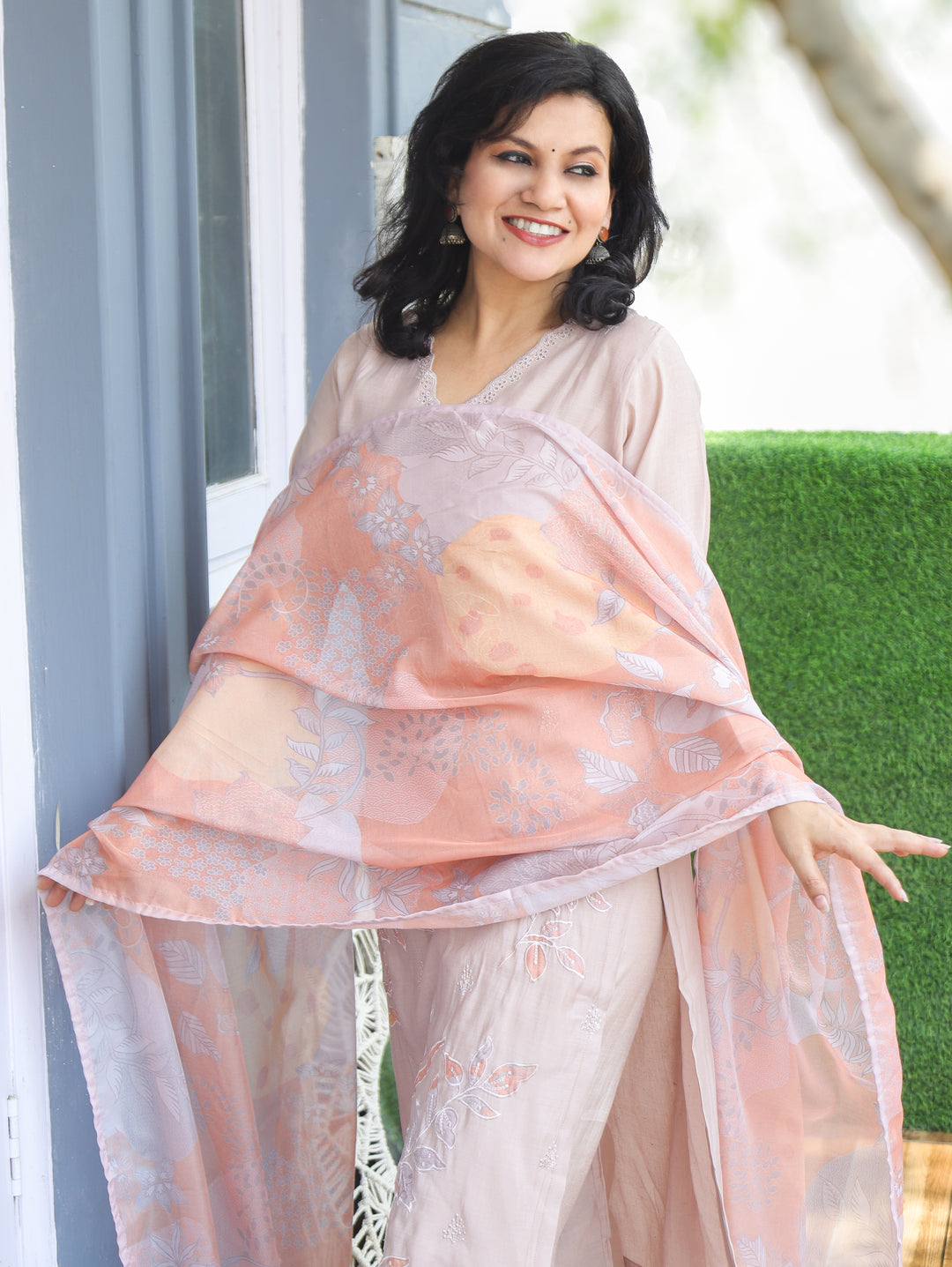 Rushali Tan Beige V Neck Muslin 3 Piece Set
