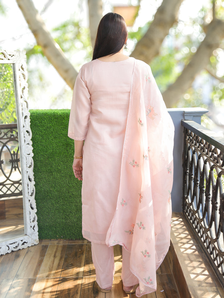 Sakhi Candy Pink Floral Style Embroidered Neck Yoke Work Kota Doriya 3 Piece Set