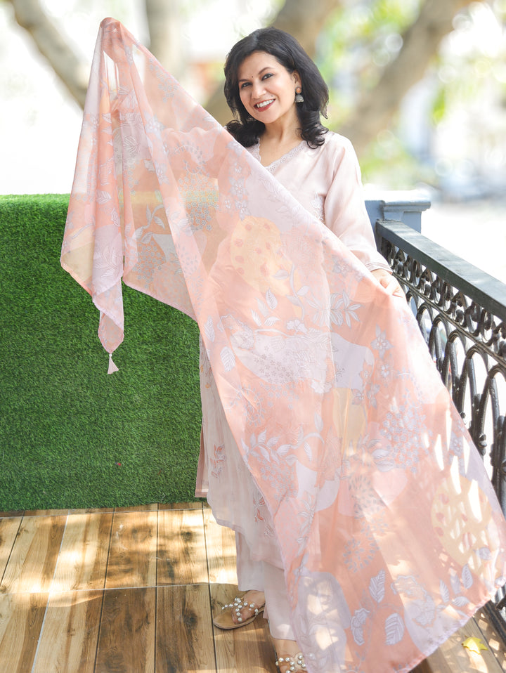 Rushali Tan Beige V Neck Muslin 3 Piece Set