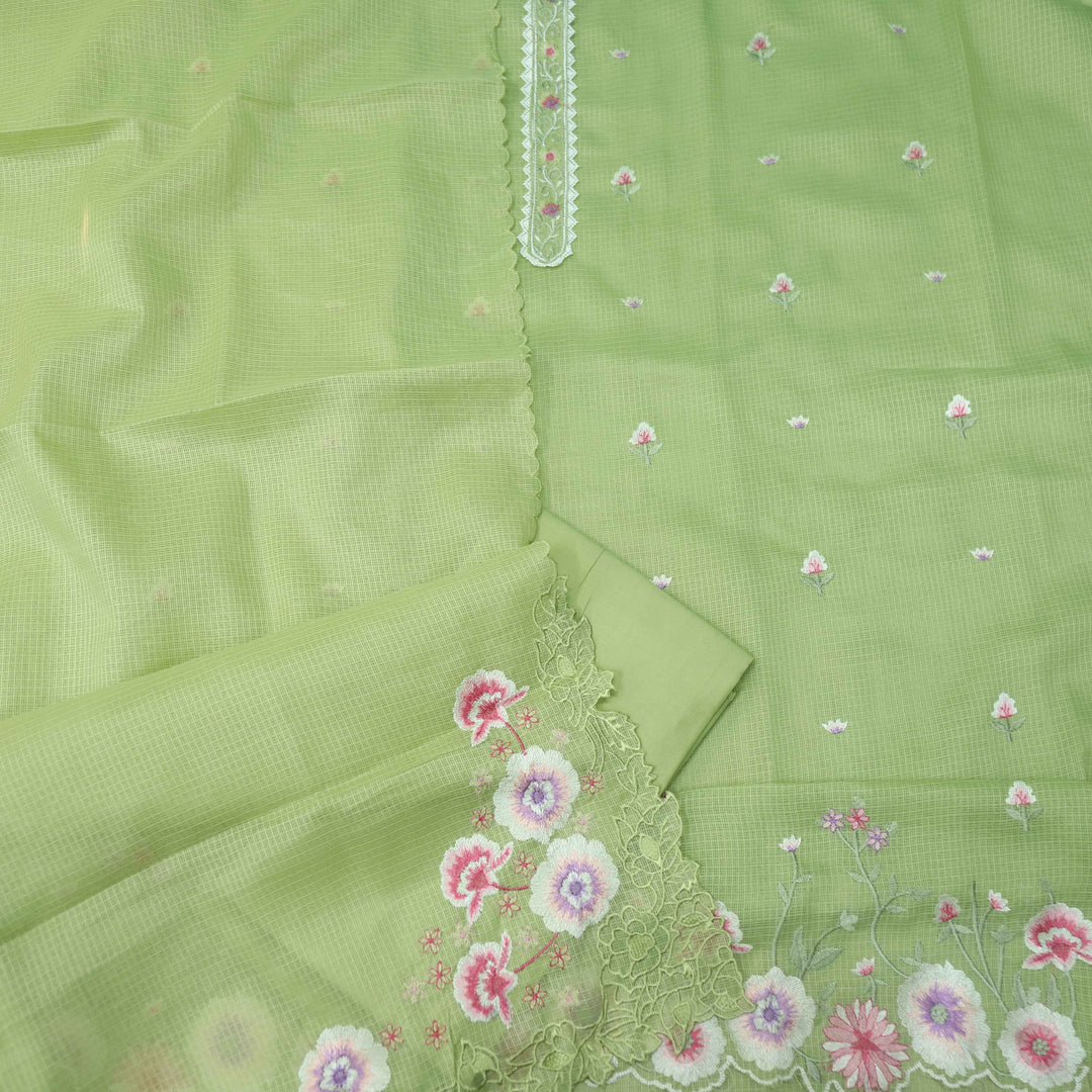 Mahi Parrot Green Floral Thread Embroidered Kota Doriya suit Set