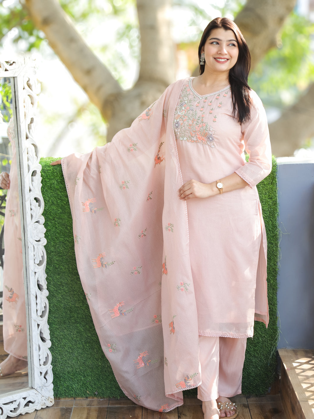Sakhi Candy Pink Floral Style Embroidered Neck Yoke Work Kota Doriya 3 Piece Set