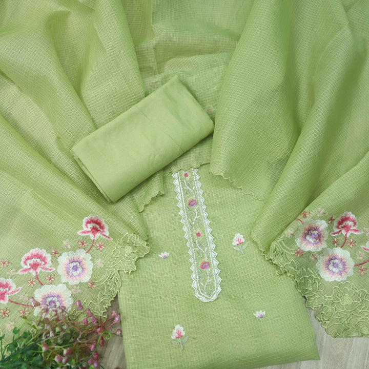 Mahi Parrot Green Floral Thread Embroidered Kota Doriya suit Set