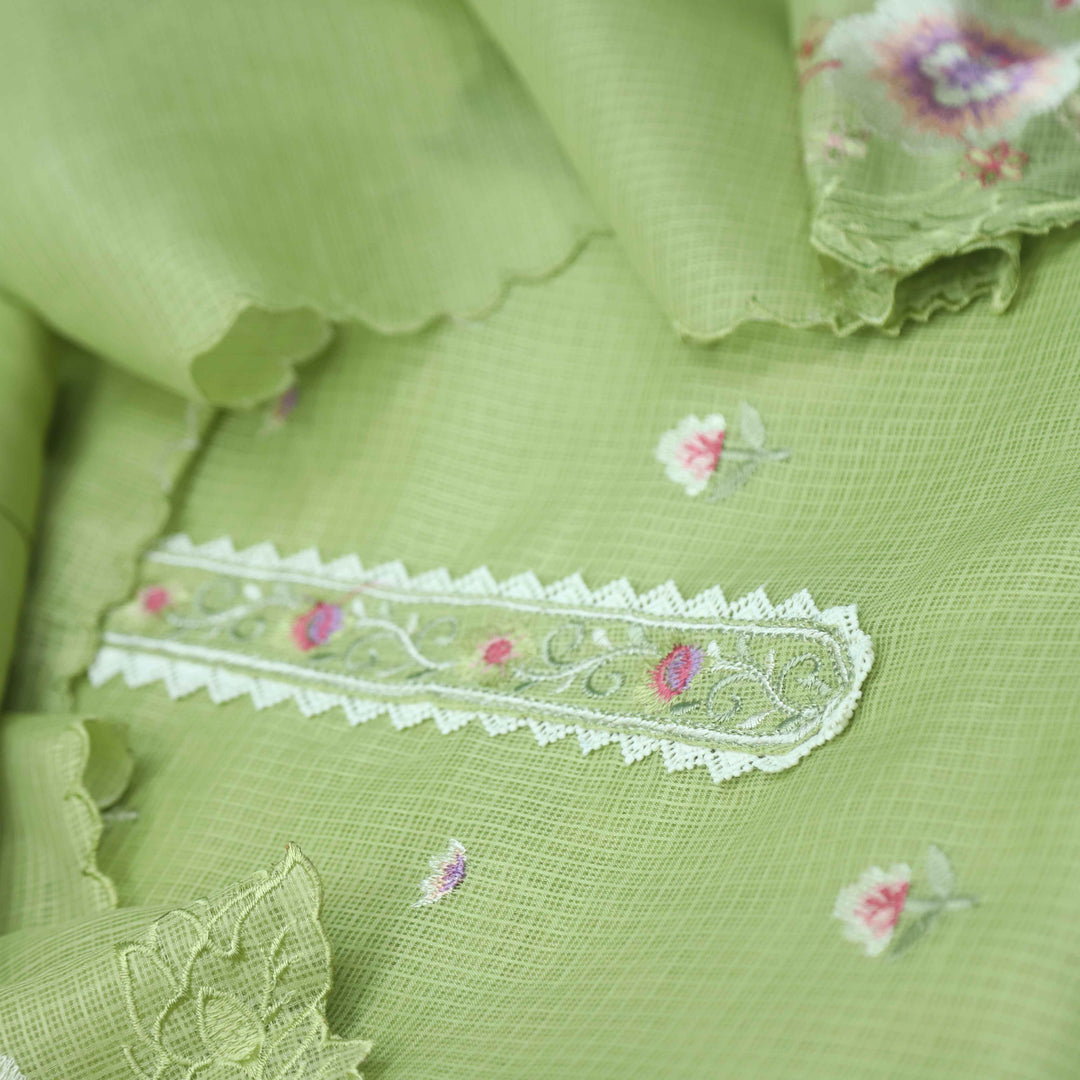 Mahi Parrot Green Floral Thread Embroidered Kota Doriya suit Set