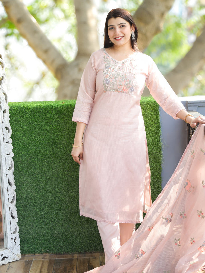 Sakhi Candy Pink Floral Style Embroidered Neck Yoke Work Kota Doriya 3 Piece Set