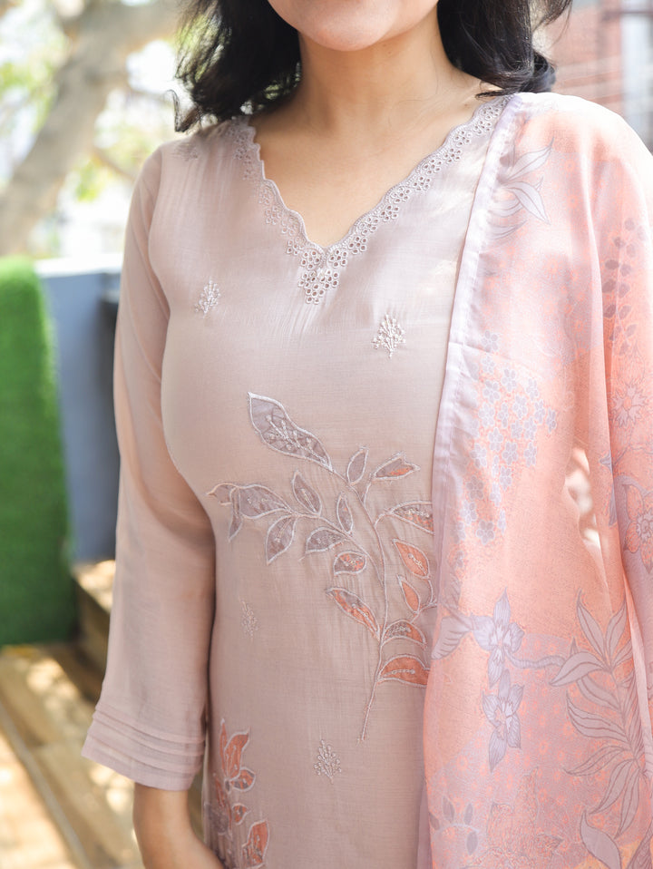 Rushali Tan Beige V Neck Muslin 3 Piece Set