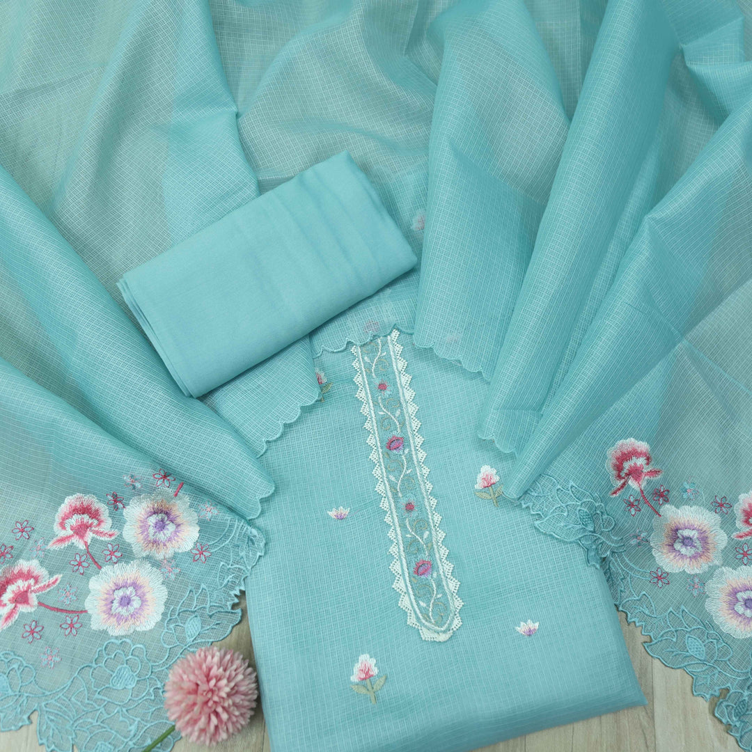 Mahi Aqua Blue  Floral Thread Embroidered Kota Doriya suit Set
