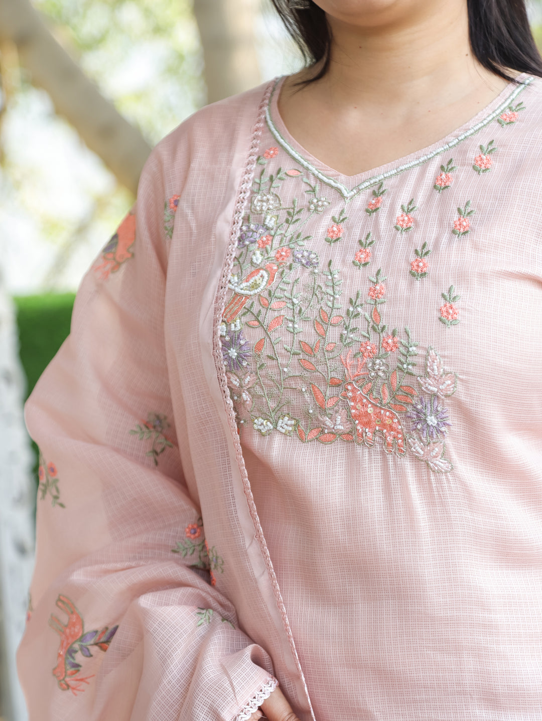 Sakhi Candy Pink Floral Style Embroidered Neck Yoke Work Kota Doriya 3 Piece Set