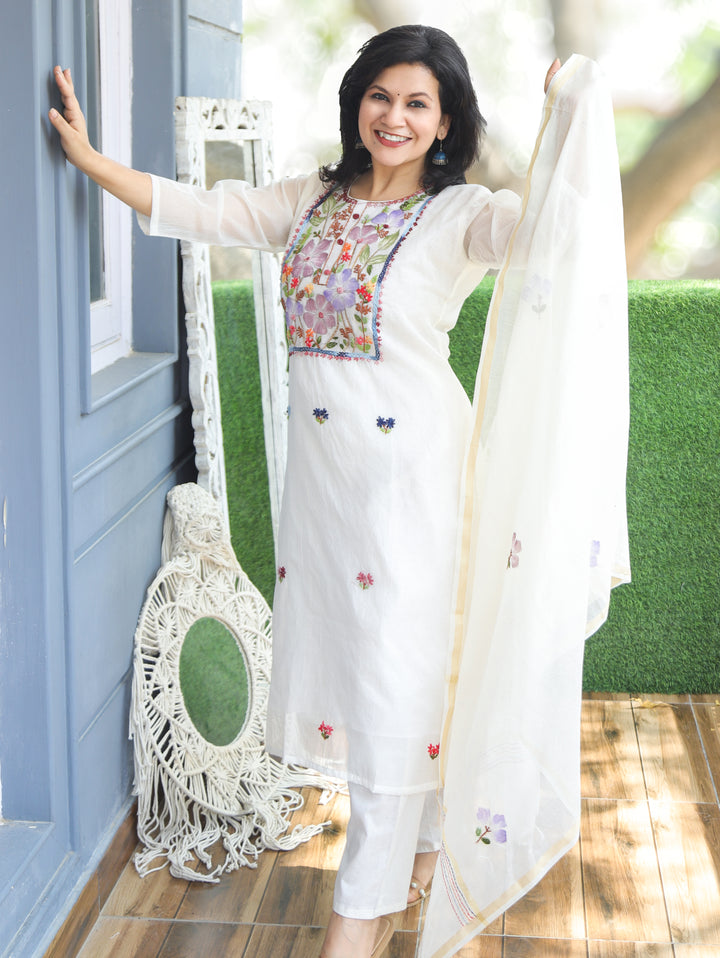Elisha Shell White Kantha Mul Chanderi 3 Piece Set