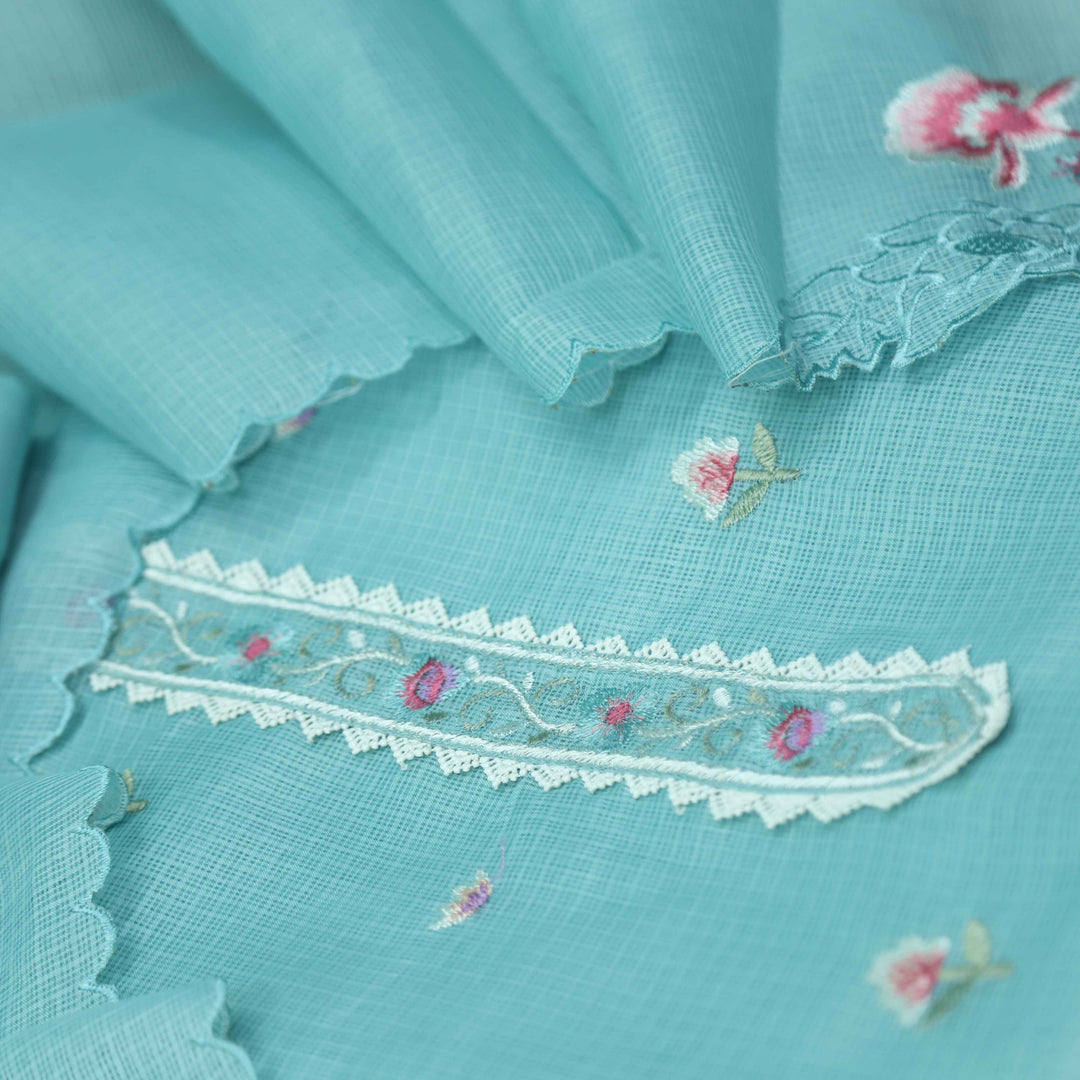 Mahi Aqua Blue  Floral Thread Embroidered Kota Doriya suit Set