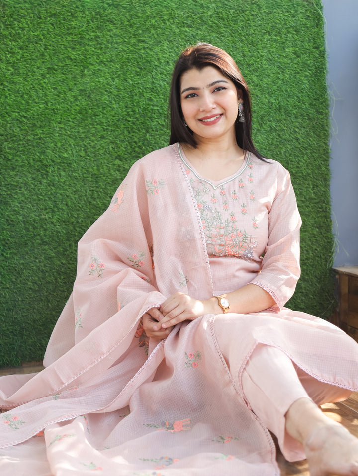 Sakhi Candy Pink Floral Style Embroidered Neck Yoke Work Kota Doriya 3 Piece Set