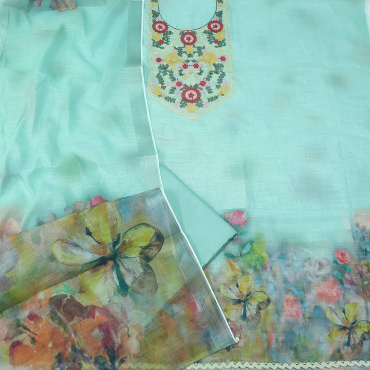 Fitoori Sea Green Kashida Inspired Work Cotton Linen Suit Set
