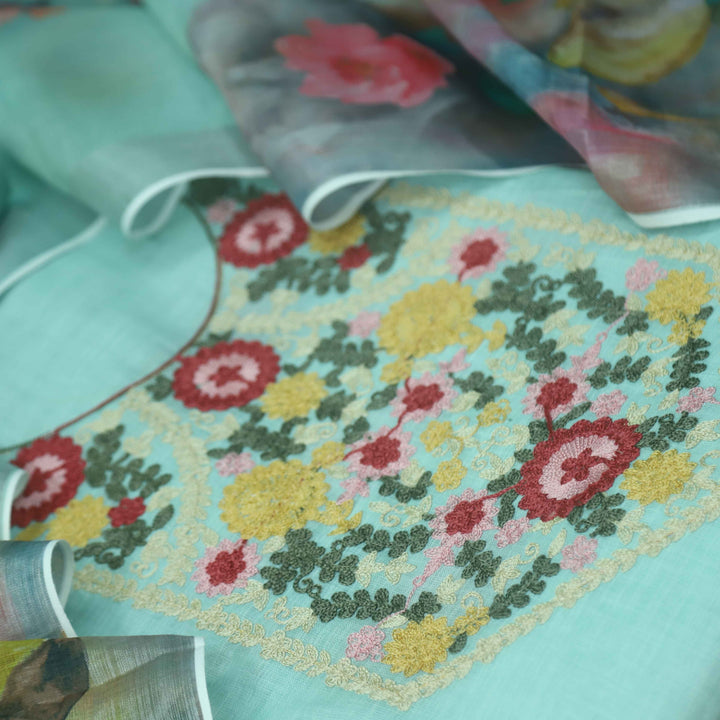Fitoori Sea Green Kashida Inspired Work Cotton Linen Suit Set