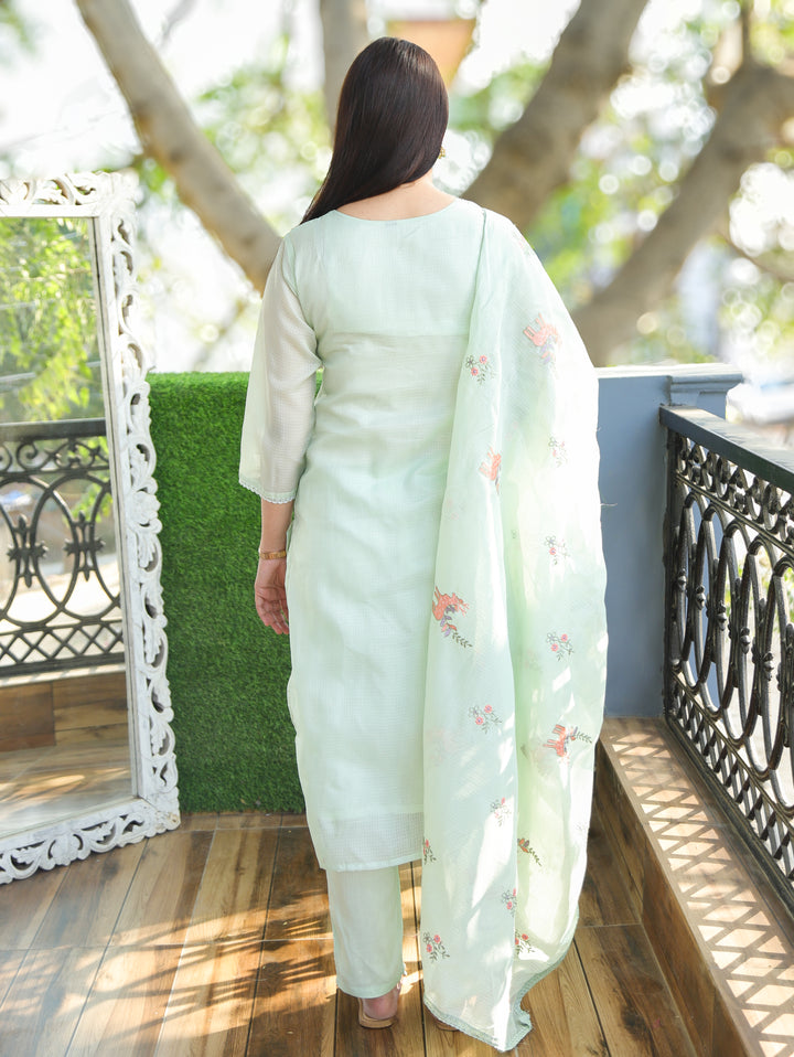 Sakhi Mohito Mint Floral Style Embroidered Neck Yoke Work Kota Doriya 3 Piece Set