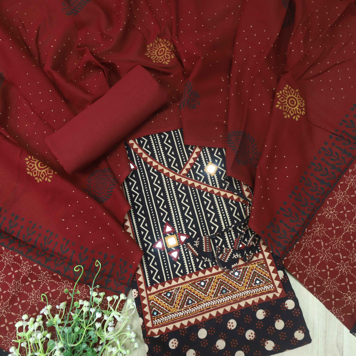 Pardesiya Ebony Black Angrakha Kutch Neck Work Cotton Suit Set