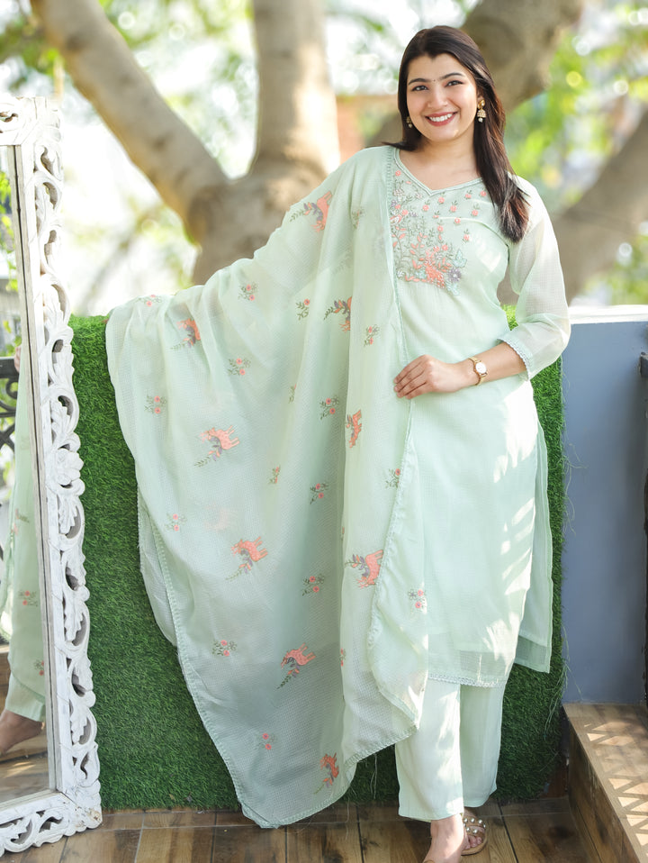 Sakhi Mohito Mint Floral Style Embroidered Neck Yoke Work Kota Doriya 3 Piece Set